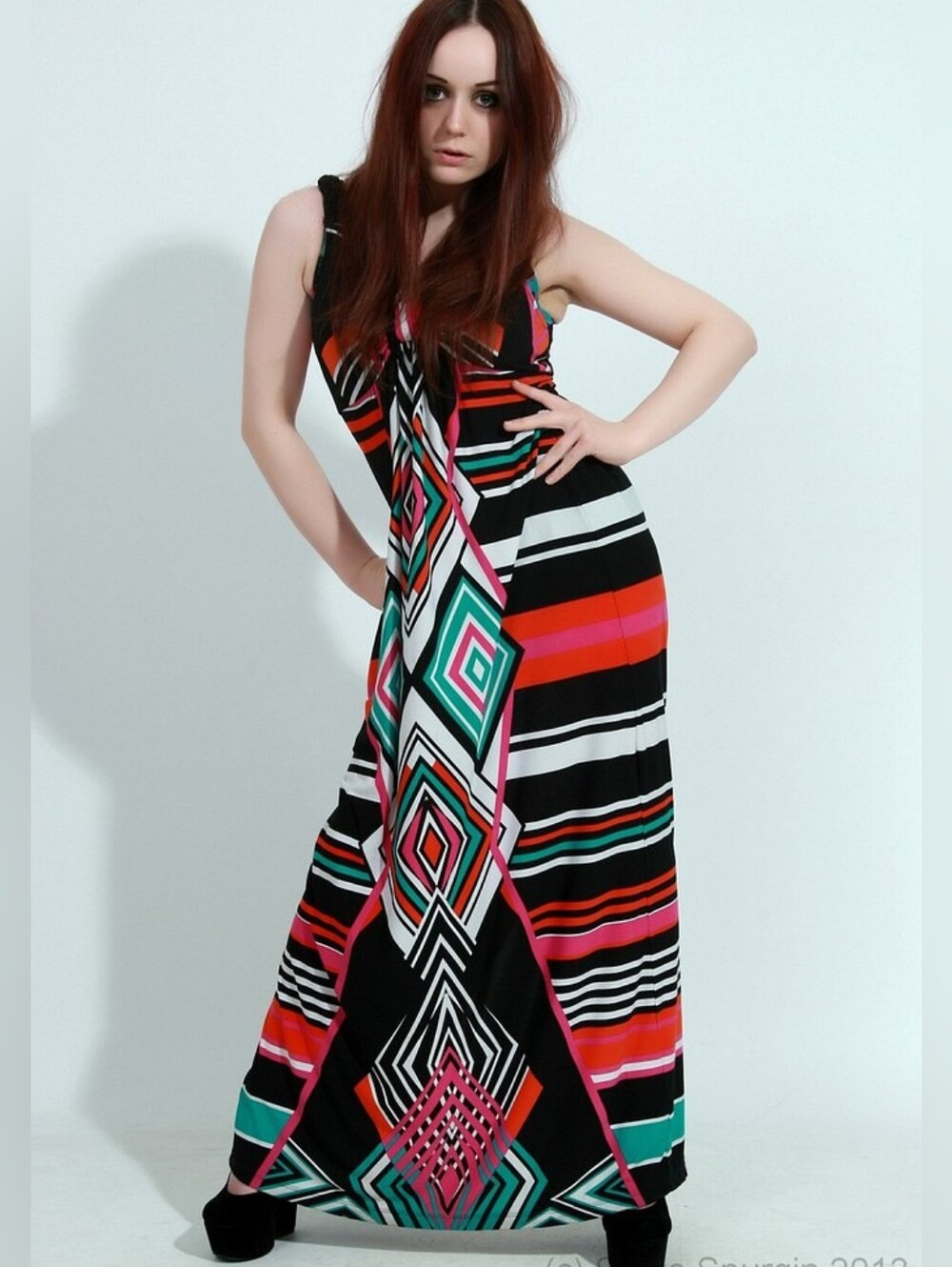 Allen Schwartz ABS Maxi Dress | Black, Pink & Teal Geometric Stripe - Size M EUC